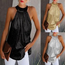 Ladies Glitter Vest Top Blouse Neck Sleeveless Strappy Party Evening Halter