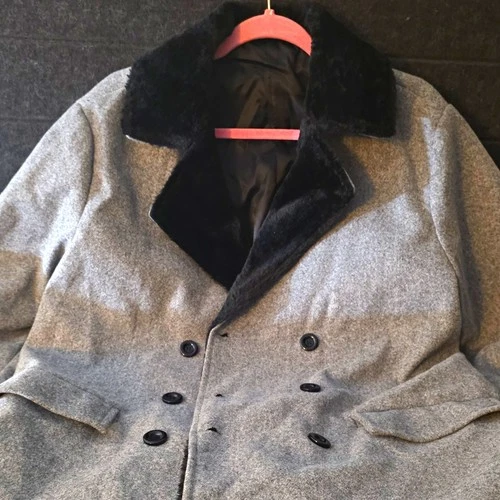 Lakeland Men's Wool Double-Breasted Overcoat Faux Fur Collar Lined Gray L - product listing photo