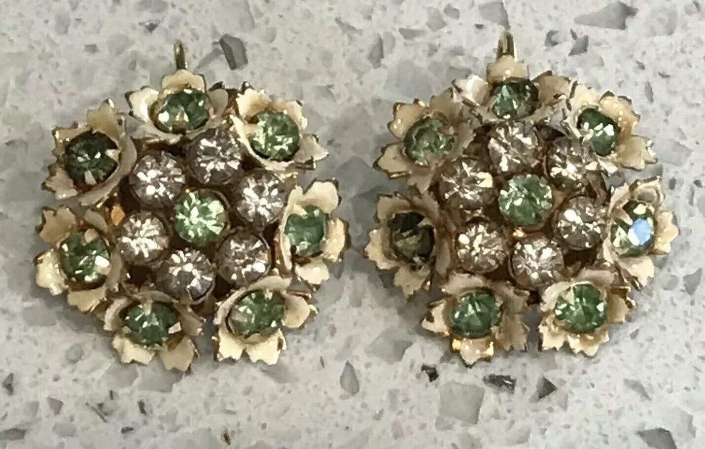 RARE Sandor STERLING SILVER Flower Enamel & Green/White Rhinestone Earrings