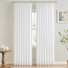 White Pinch Pleated Semi Sheer Curtains Textured Light Filtering Window Curta...