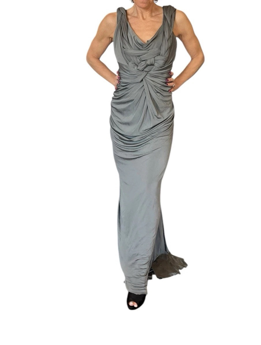 donna karan grey dress WOMEN'S NEW YORK GRAY EVENING LONG GOWN SLEEVELESS KNOTTED S Labordaysale9/3