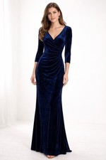 Adrianna Papell Faux Wrap Velvet Maxi Gown V Neck Blue M/L Formal Party Wedding