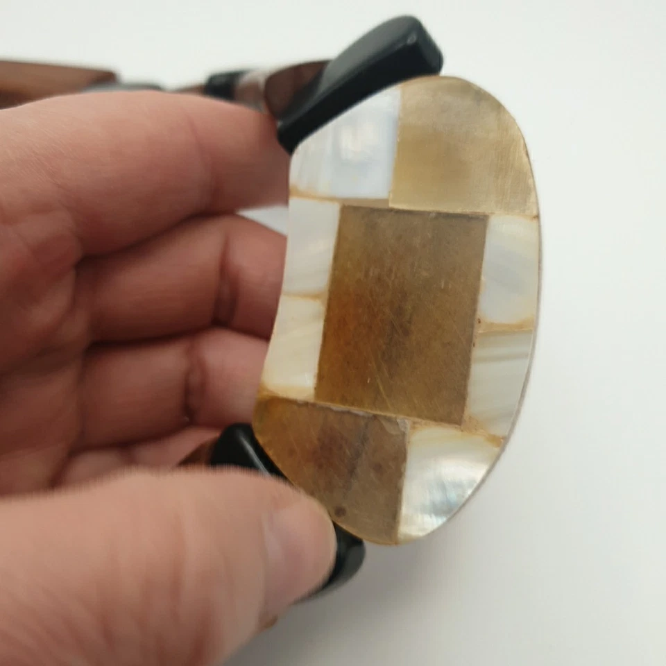 Vintage Teak Wood & Mother of Pearl Chunky Statement Collar Necklace 20" Long - Image 3 of 4