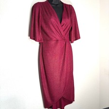 Lulus S Magenta Pink Metallic Ribbed Wrap Midi Cocktail Dress Flutter Sleeve