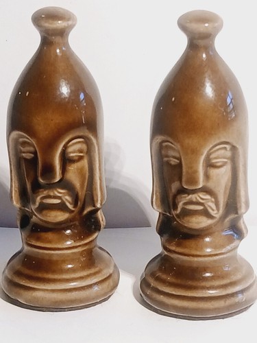 Set of 2 Chess Pieces Duncan Mold VTG. Glazed Ceramic Brown Pawns Gothic Style