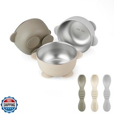 PandaEar 3 Pack Stainless Steel Suction Baby Bowls and 3 Baby Feeding Spoons