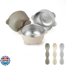PandaEar 3 Pack Stainless Steel Suction Baby Bowls and 3 Baby Feeding Spoons 