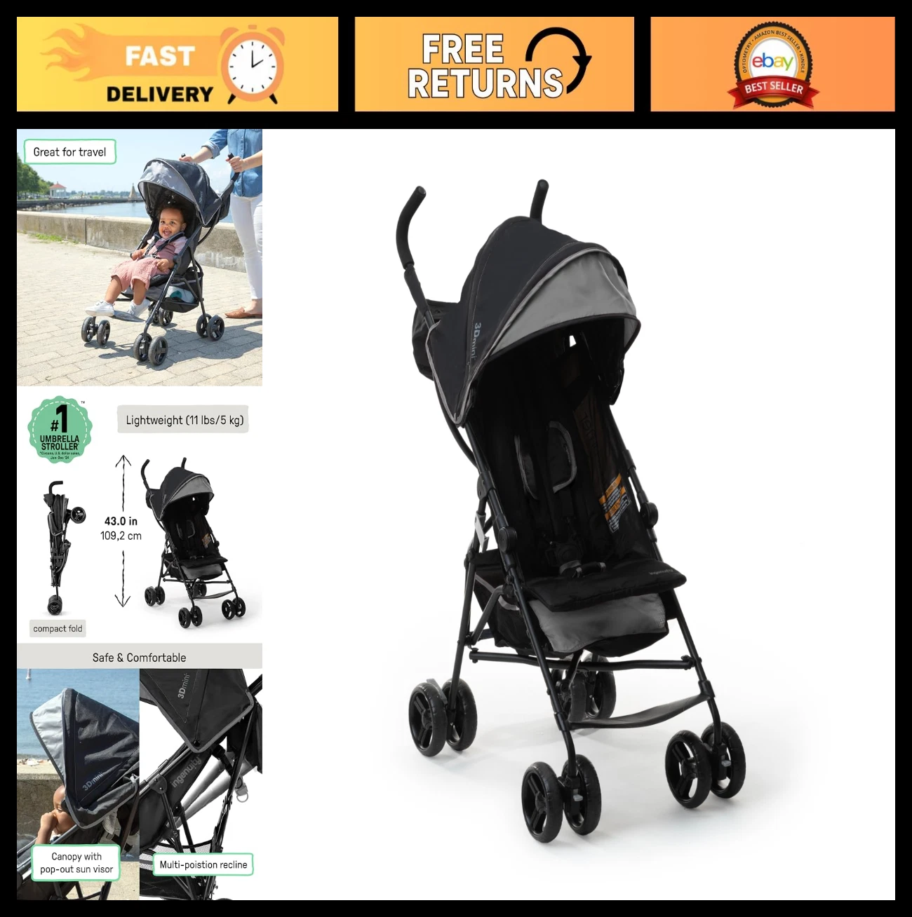 Lightweight Compact Fold Stroller - Multi-Position Recline, Canopy, Travel Umbre