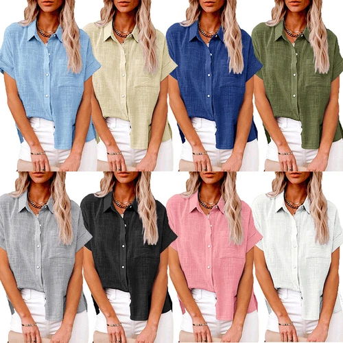 Summer Womens Tunic Shirts Ladies Short Sleeve Button Down Blouse Tops T Shirts - Photo 8/38