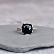 Natural Black Onyx Cushion Shape Fine Solid 925 Sterling Silver Statement Ring