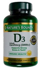 Nature's Bounty Vitamin D3 125mcg 5000 IU Bone Teeth Immune 400 Dietary Softgels