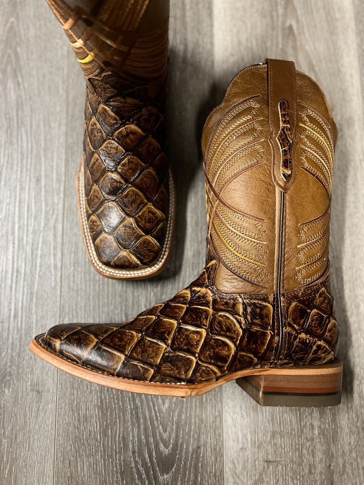 MEN'S RODEO COWBOY FISH PIRARUCU PRINT WESTERN SQUARE TOE BOOTS COGNAC ...