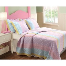 BEAUTIFUL POLKA DOT STRIPE AQUA BLUE PINK PURPLE LOVELY GIRLS QUILT SET TWIN