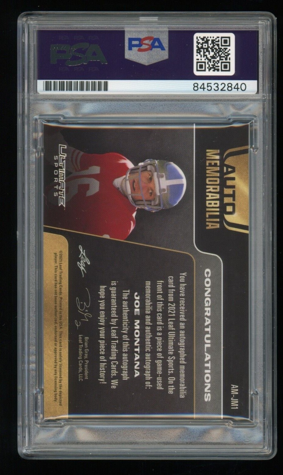 Joe Montana PSA/DNA (#10/15) 2021 Leaf Ultimate Sports Auto Game Worn Patch HOF view 2
