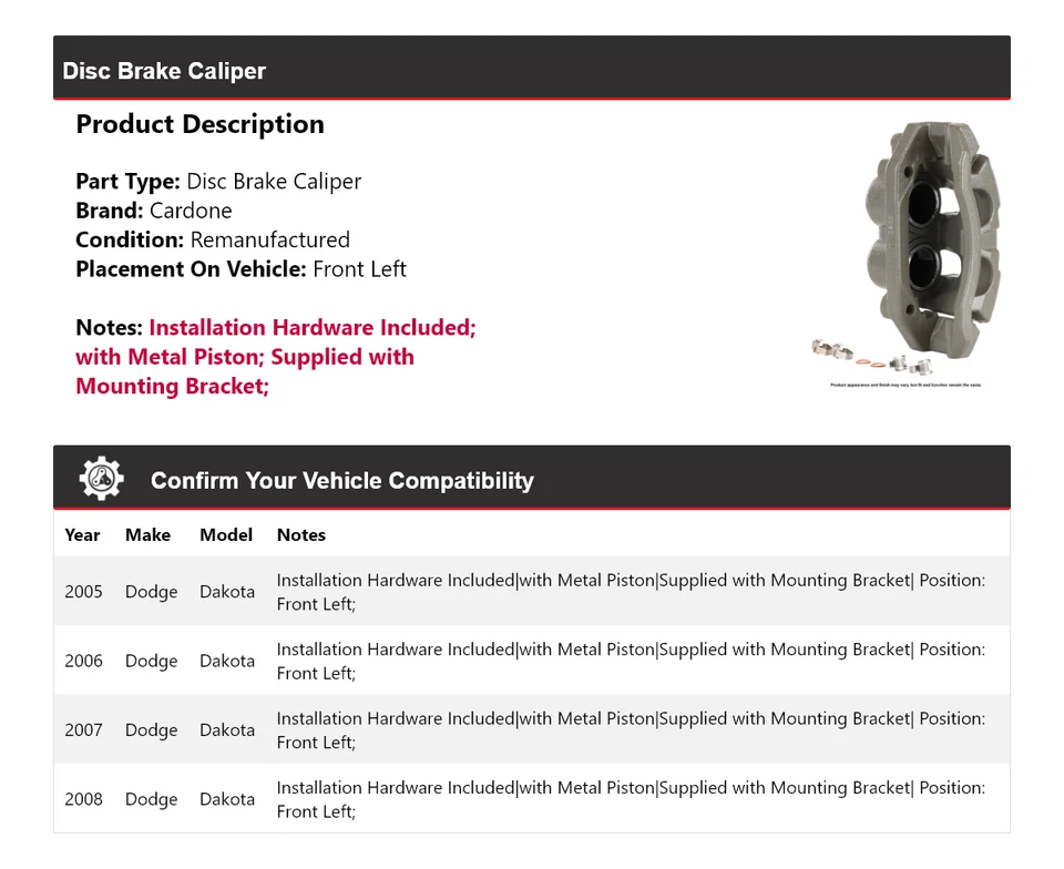 For 2005-2008 Dodge Dakota Disc Brake Caliper Front Left Cardone 2006 2007 - Image 2 of 4