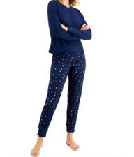 Jenni A2214 Women's Navy Long Sleeve Waffle Pajama Top And Jogger Set Size M