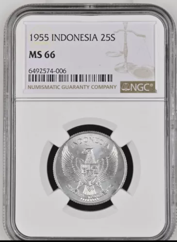 INDONESIA 25 Sen 1955, NGC MS66 Gem UNC Blast White Full Luster.... I1