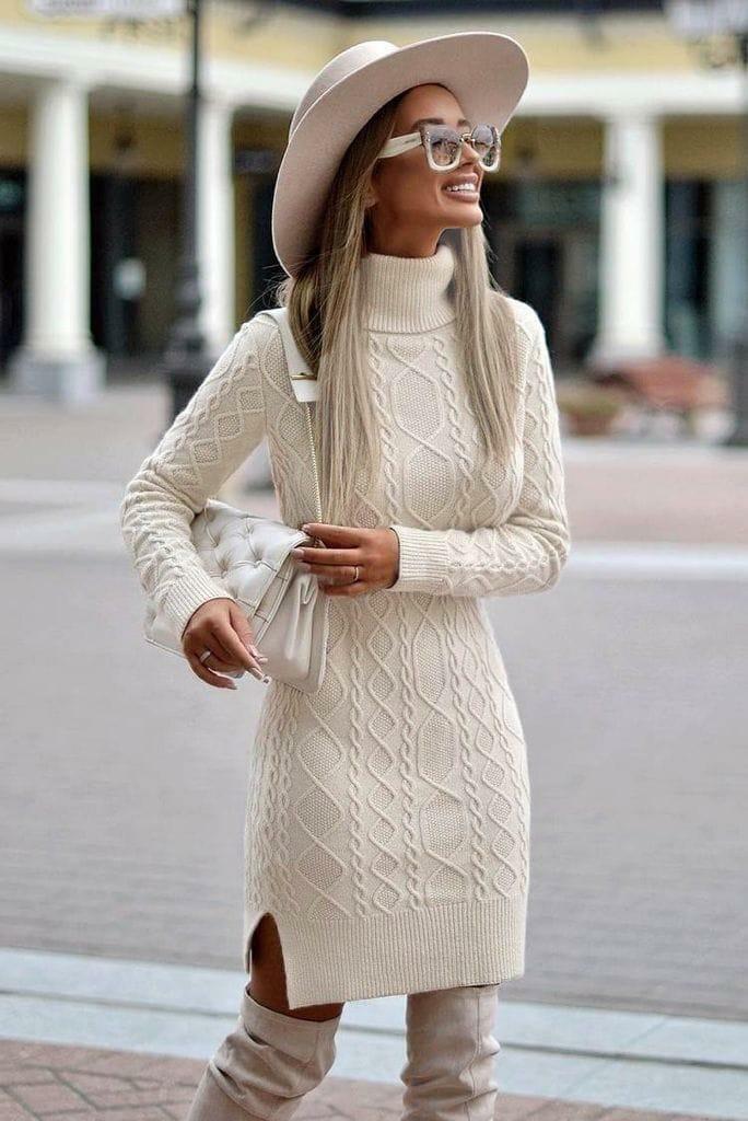One-Piece Woman Pleated Dress Korean Long Sleeve Knitted Sweater Dresses 2020 Women Spring Autumn Women Sweater Knitt Dress Lady