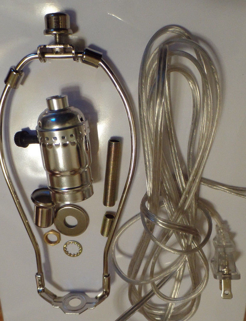 Table Lamp Wiring Kit 9" Nickel Plated Harp 3 Way Socket Clear
