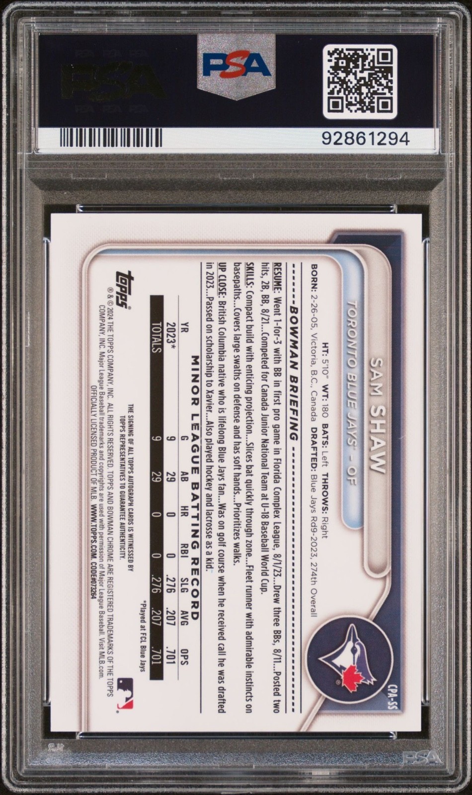 2024 Bowman Chrome Sam Shaw HTA Orange Wave Refractor Auto /25 #CPA-SS PSA 10 view 2