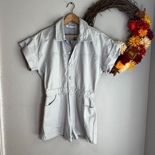 Zara Shimmer Metalic Short Sleeve Denim Romper MEDIUM in Silver Cotton