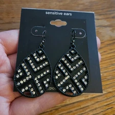 NEW! JCP Black Teardrop w/ White Rhinestone Inlay Drop Earrings ~ Hypoallergenic