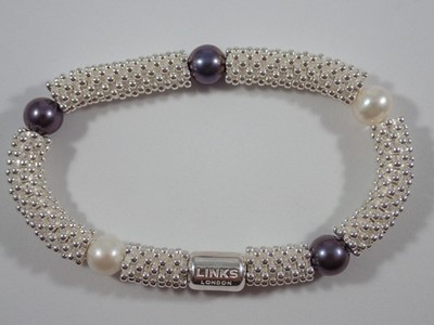 LINKS OF LONDON STERLING SILVER EFFERVESCENCE STAR BRACELET w BLACK WHITE PEARLS