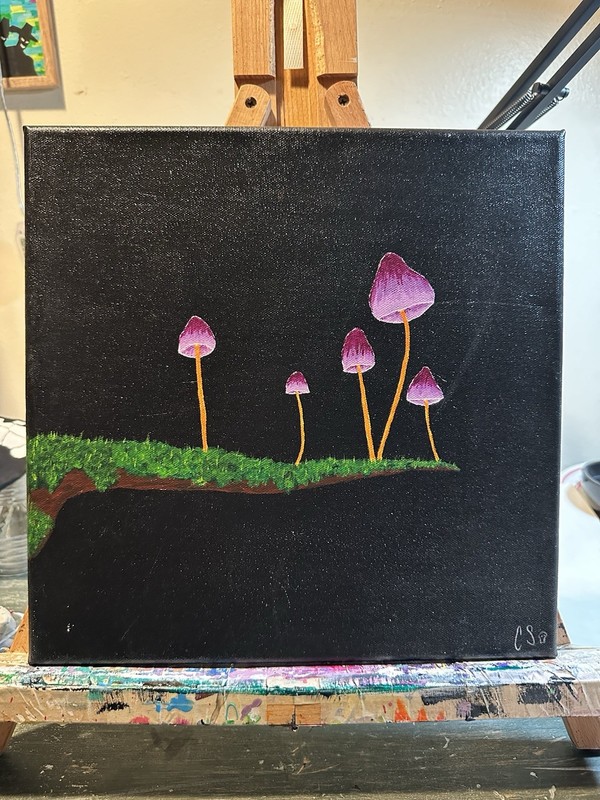 Original Purple Mushrooms on Branch acrylic on canvas painting 12x12