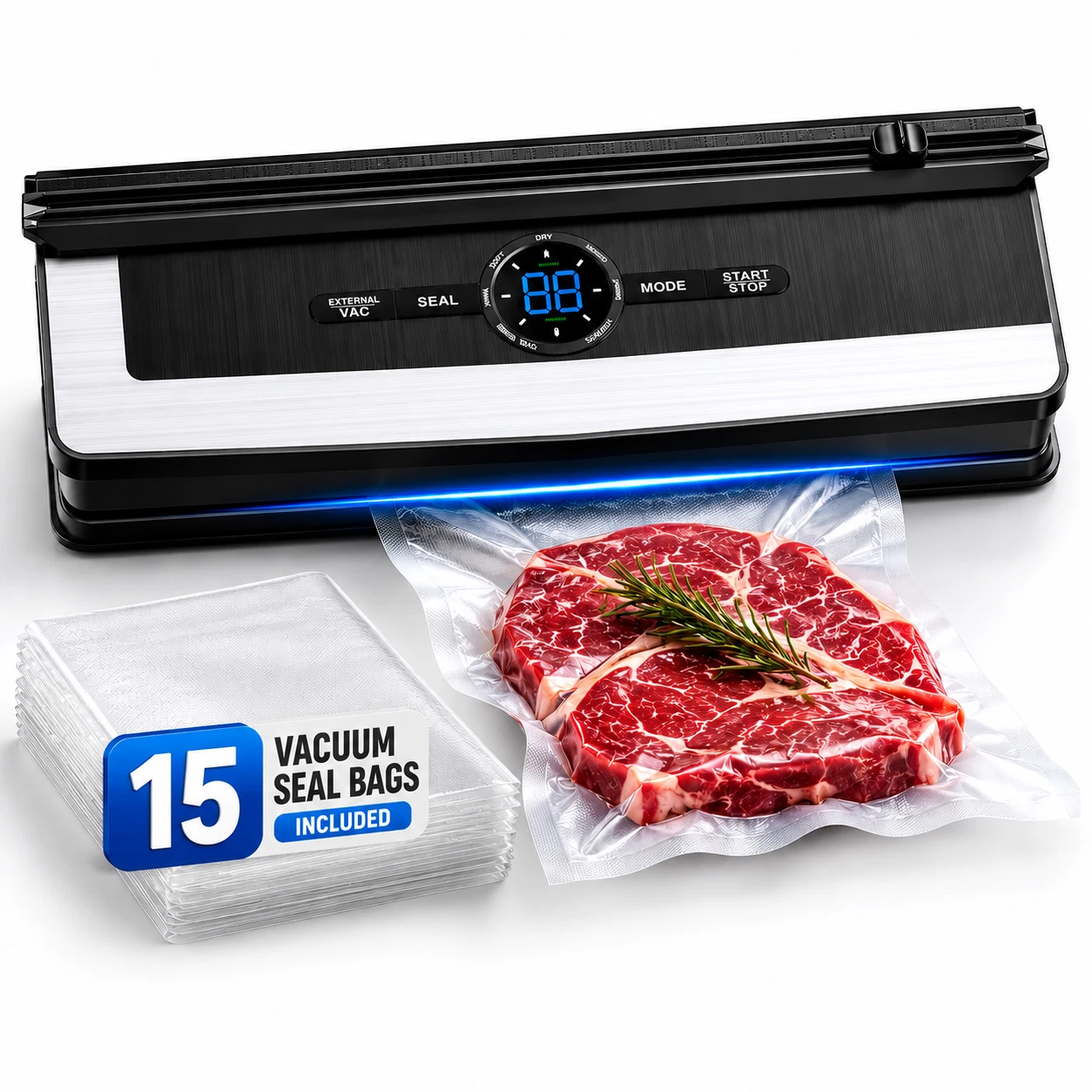 8-in-1 Vacuum Sealer Machine Food Saver Dry Moist Modes w/15 Bags Kit
