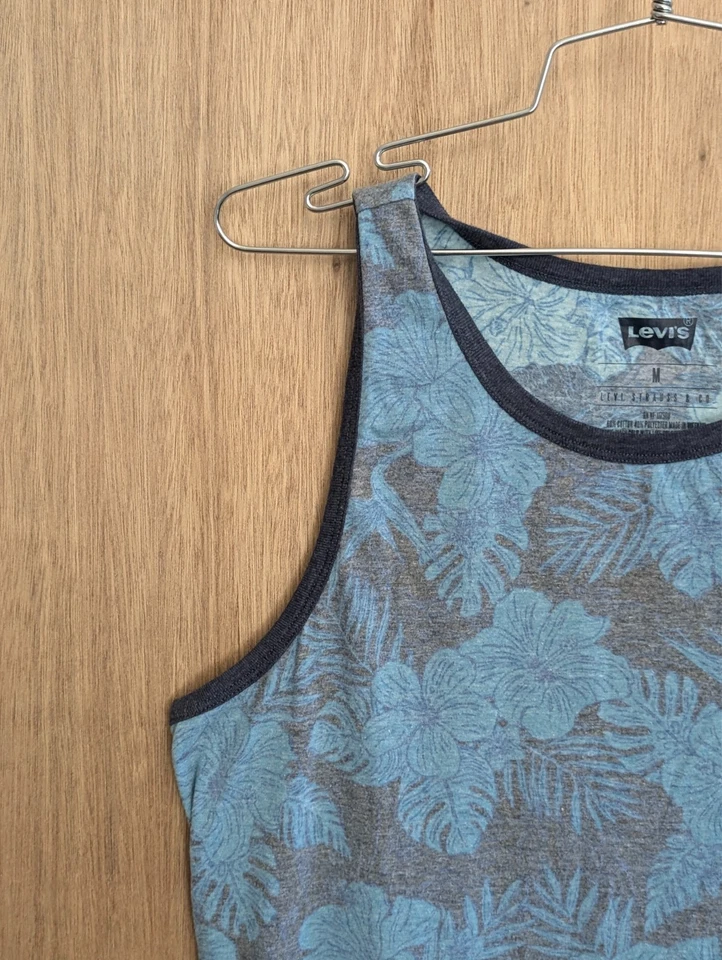 levis strauss tank top shirt mens size M round neck floral blue - Image 2 of 4