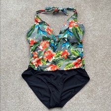NWT Jantzen Plunge V Neck Halter Tie Wireless Floral One Piece Swimsuit Size 16