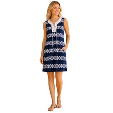 Tommy Bahama Sleeveless Lace Up Shift Dress Navy White Geometric Print Medium