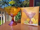 Indiana Glass Co Gold Carnival Glass 8" Harvest Grape Wedding Pedestal Bowl Vtg