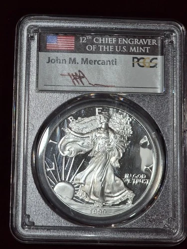 1999 P AMERICAN EAGLE PROOF SILVER DOLLAR! GRADED PF70 NGC! SIGNED JOHN MERCANTI