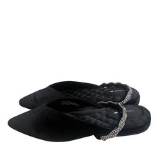 Birdies Swan Black Velvet Pointed Toe Rhinestone Strap Flat Mules Womens 7.5