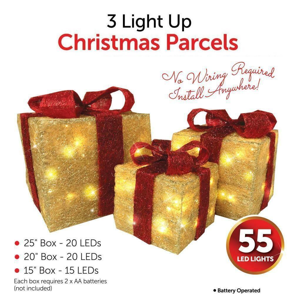 SET OF 3 LED LIGHT UP CHRISTMAS PARCELS GIFT FESTIVE XMAS DECORATION