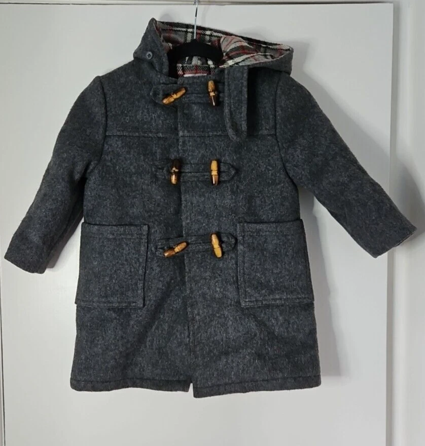 Children's Vintage Mothercare Grey Wool Blend Check Lined Duffle Coat 90's UK - Image 2 of 4