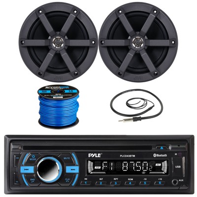 Pyle PLCD43BTM 1-DIN CD Receiver, 2x 6.5'' 100W Max Power Marine Speakers (Black)