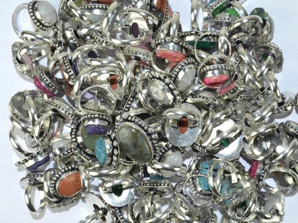 Lote de anillos de moda hechos a mano enchapados en plata de ley 925 con piedras preciosas y mezcla de piedras preciosas Foto 2 de 4