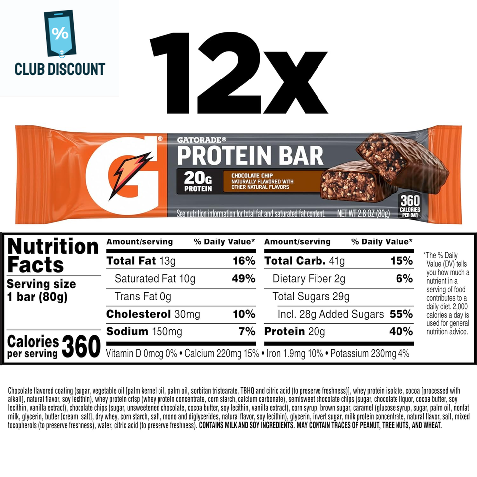 Gatorade Whey Protein Recover Bars, Chocolate Chip, 2.8 ounce(Pack of