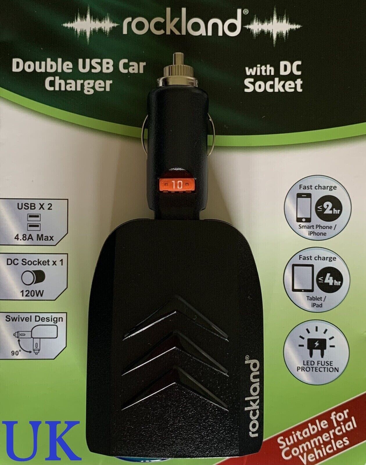 12V/24V Rockland 2x USB 4.8A Fast Car Charger + DC 120W 10A Fused