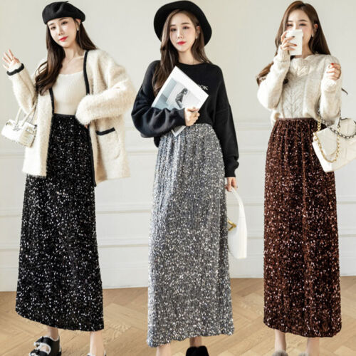 Lady Long Skirt Sequin Velvet Elastic High Waist Back Slit A-line Club Party