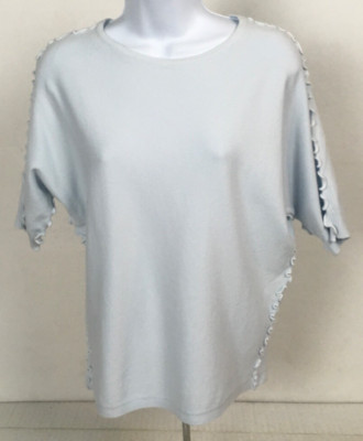 Allie Rose Sweater Women Size M Powder Blue Ruffle Seam Short Sleeves New w Tags