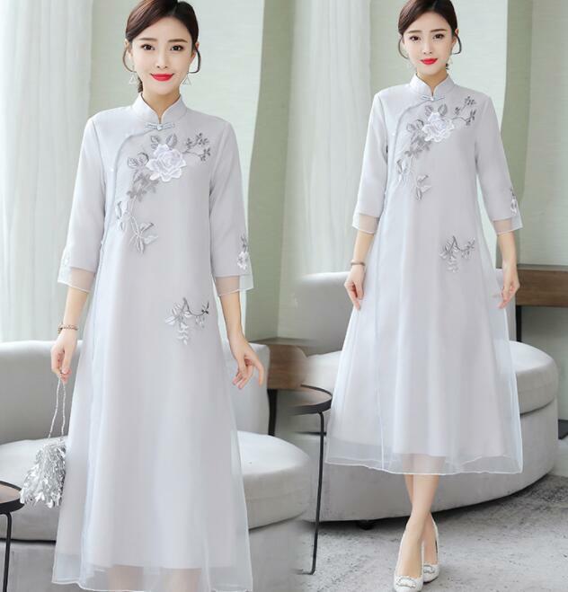 Retro Women Chinese Style Cheongsam Floral Qipao Dress Summer Short Sleeve
