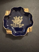 VNTG European Royal Blue Cobalt Gold Accent Ceramic Ashtray 4"
