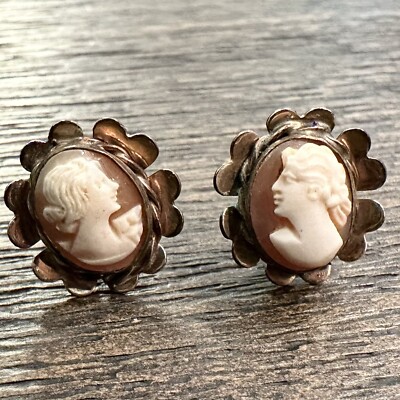 Vintage Cameo Stud Earrings bronze gold tone carved shell