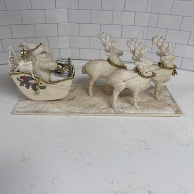 VINTAGE Hugh s Spun Cotton Santa With Sleigh And 3 Reindeer 1960 s 18 x6 