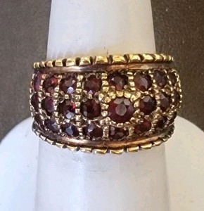 Authentic Wide Band 3 Row Garnet Ring Gold Plated Sterling Silver Ring Sz 6.5