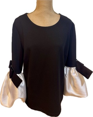 WHY DRESS THIS STYLISH BLOUSE FEATURES BLACK, 3/4 SLEVEEVES WHITE PUFF, XL