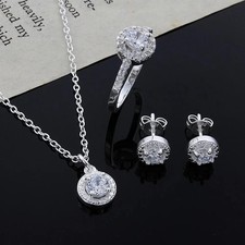 925 Sterling Silver Jewelry Set Women Crystal Necklace Earrings Ring 3PCS